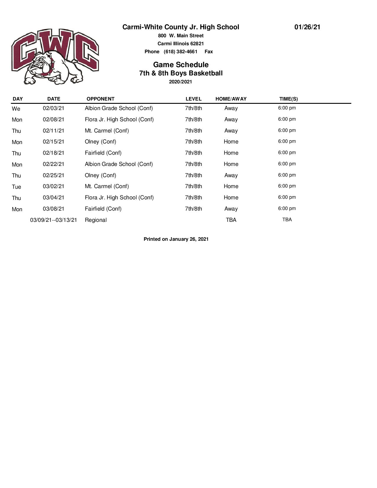 CarmiWhite County Junior High School Sports Schedules Released WRULFM